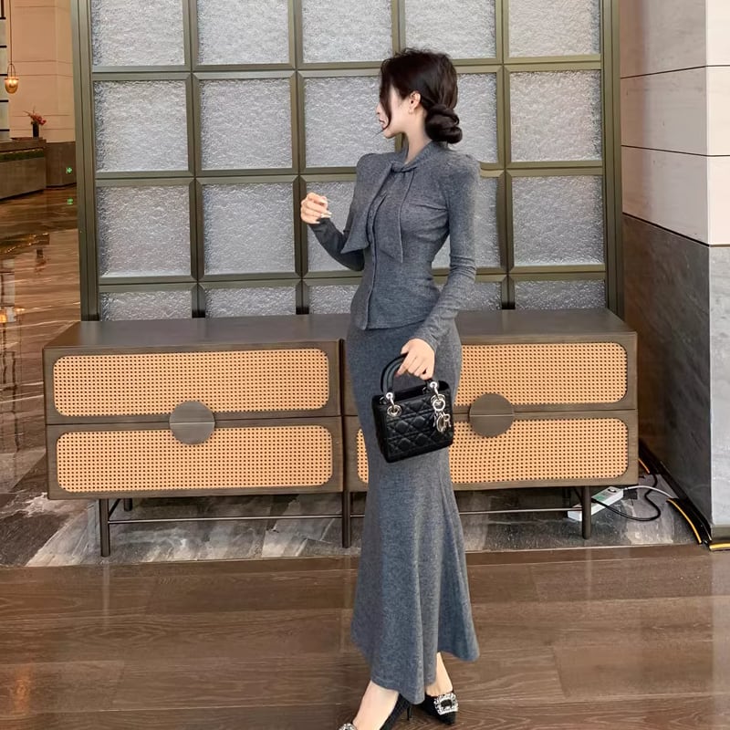 【set】ボウタイニットトップス×ロングスカートセット Q6311