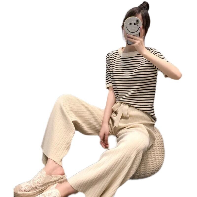 【set】ラウンドネックボーダー柄Tシャツ+無地蝶々結びガウチョパンツおしゃれセットアップ