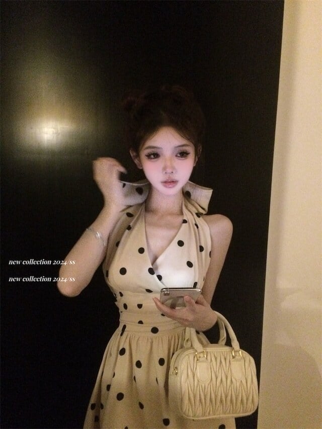 【dress】バックリボンドット柄ミニワンピースF7512