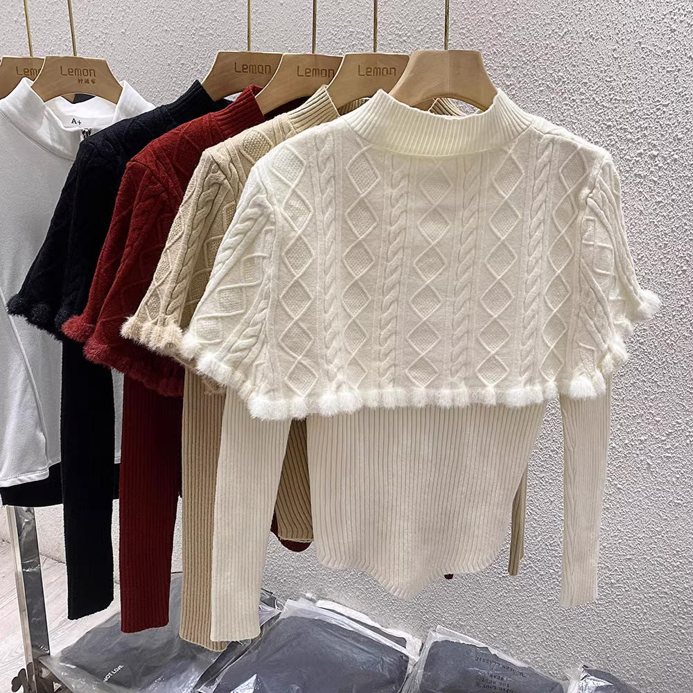 【set】2色ケープ+Vネックセーターニット2点セットF7976