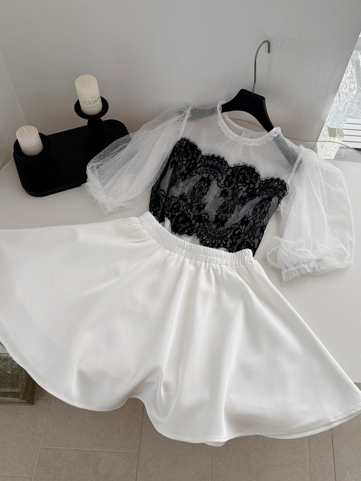 【set】レーストップス×ミニスカートセット Q8875