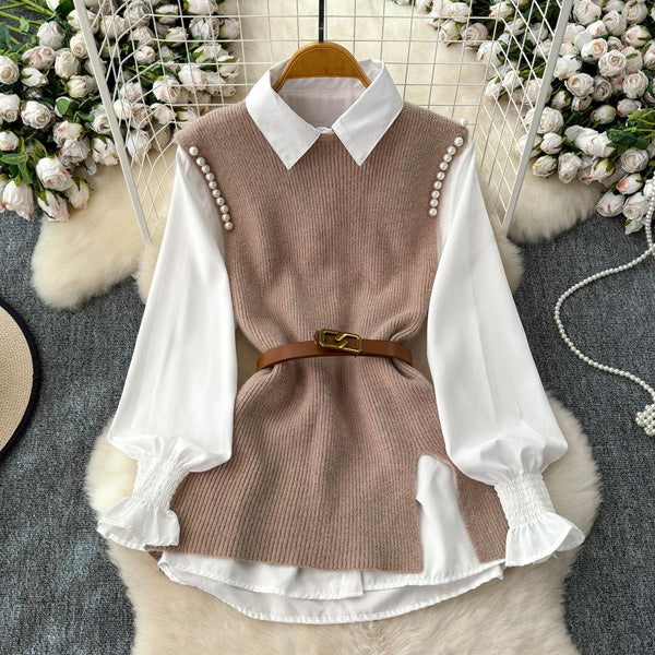 【set】7色ニットベスト+長袖ブラウス2点セットF8433