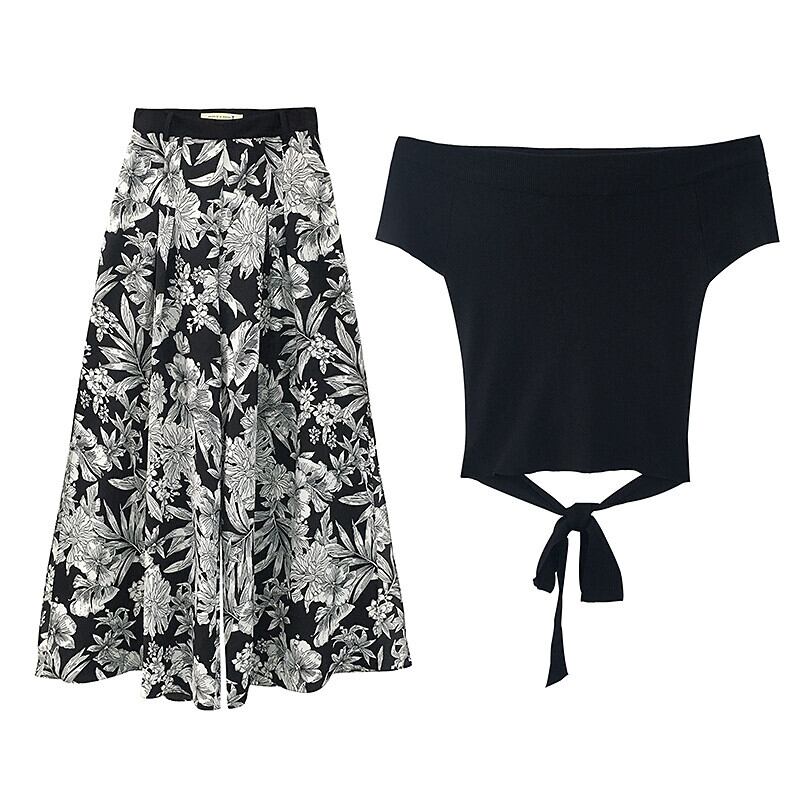 【set】好感度満載!無地蝶々結びTシャツ+花柄ガウチョパンツおしゃれセットアップ