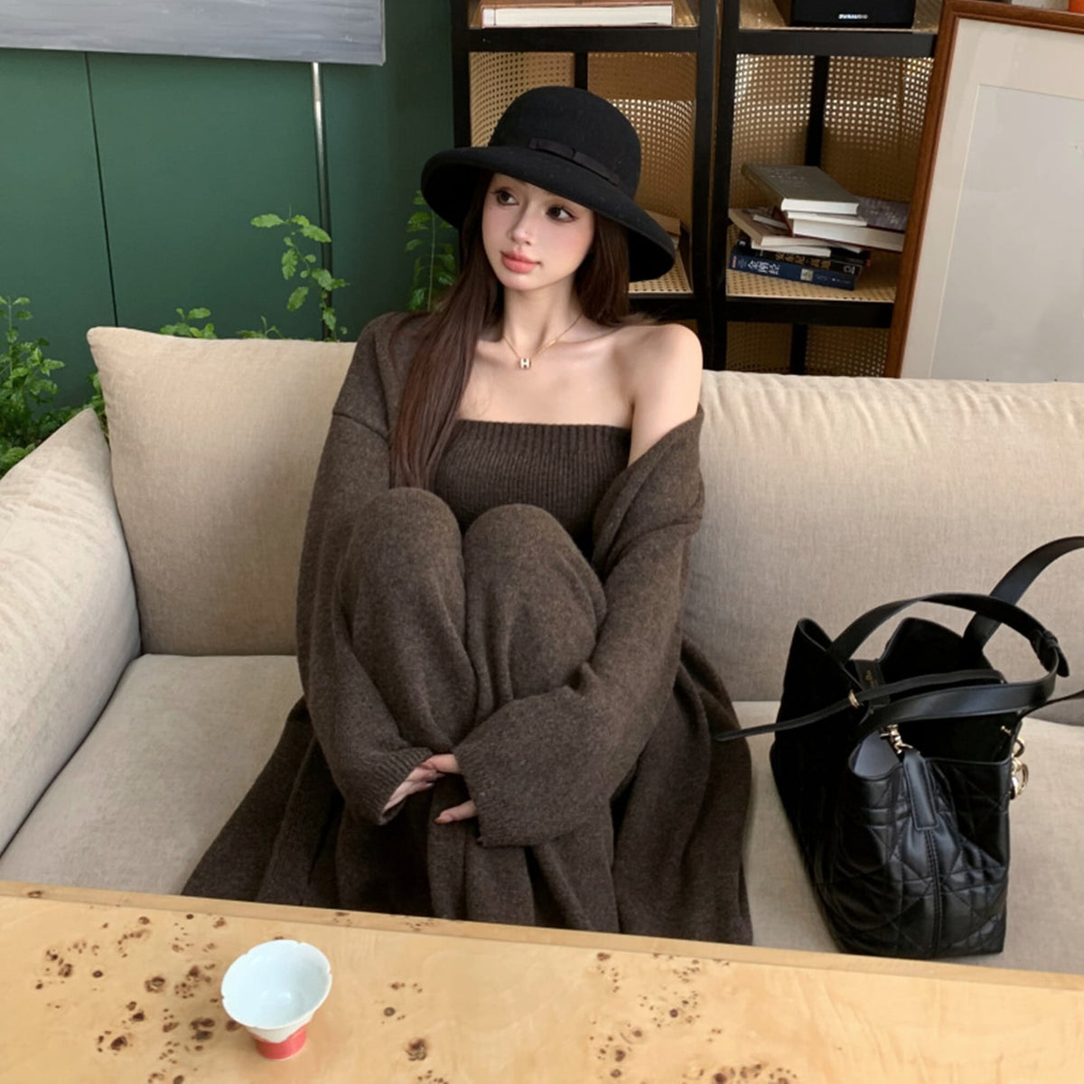 【set】ロング丈カーディガン×ベアトップ×ワイドパンツ3点セット N3329