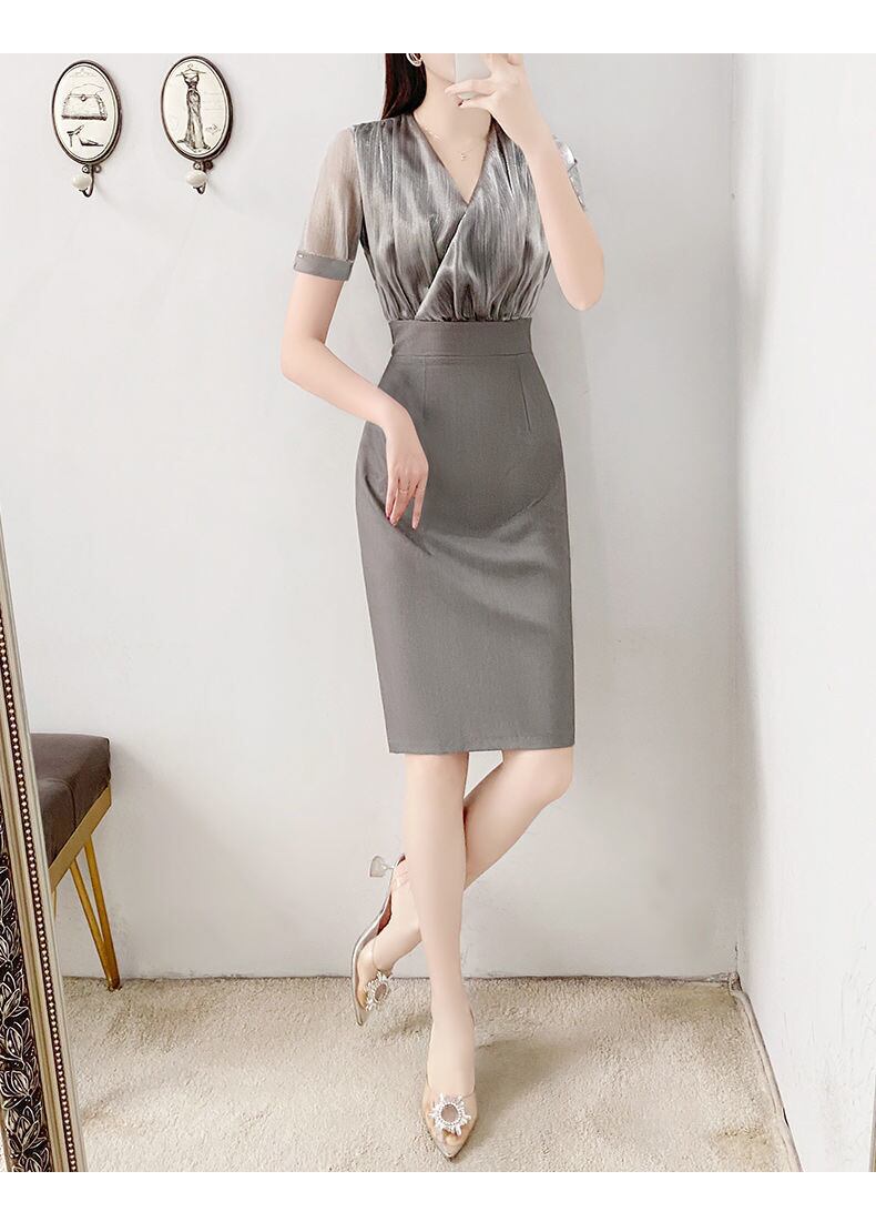 【dress】ファッション!気質満点レトロOL通勤着痩せVネックメッシュ切り替えワンピース G6423