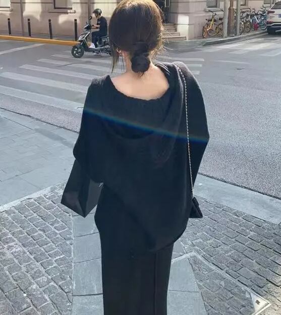 【set】今季も大流行2点セットフード付き長袖セーター+無地スカート通勤日常ニットセットアップF3545