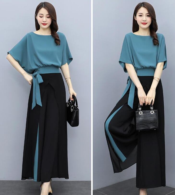 【set】好感度UPリボン付きブラウス+配色ガウチョパンツおしゃれセットアップ