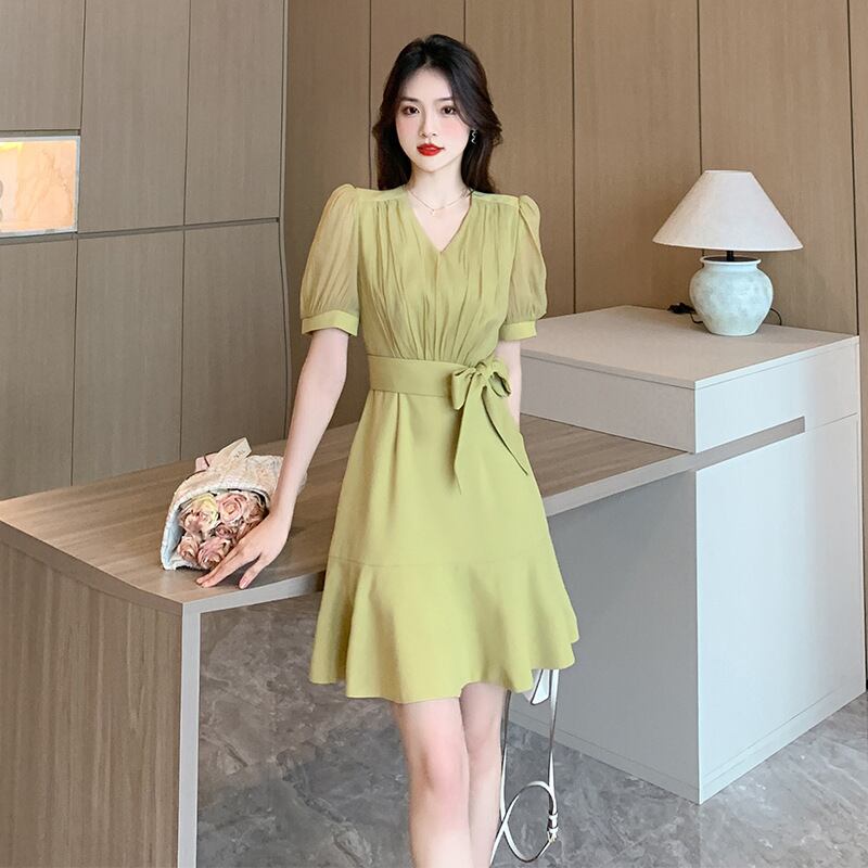【dress】Vネックパフスリーブマーメイドワンピース G21511