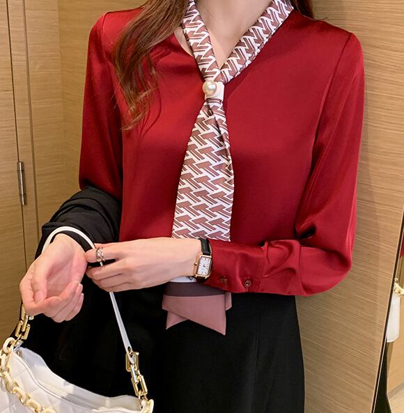 【tops】春新作バンドカラー長袖体型カバーファッションプリント配色シャツF0672