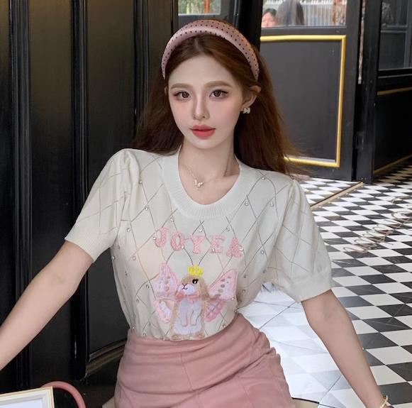 【tops】長袖ラインストーンニットTシャツF7068