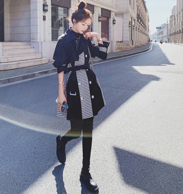 【outer】女性力を高める〜春大きいラペル長袖千鳥柄切り替えチュニックトレンチコートF0861