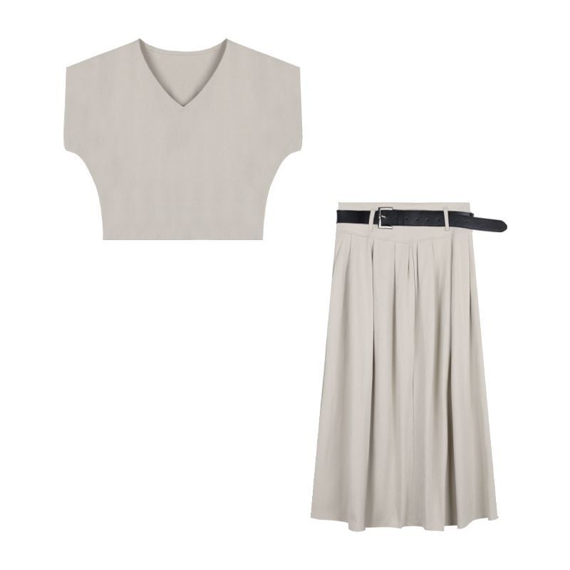 【set】VネックTシャツ+スカート2点セットF7279