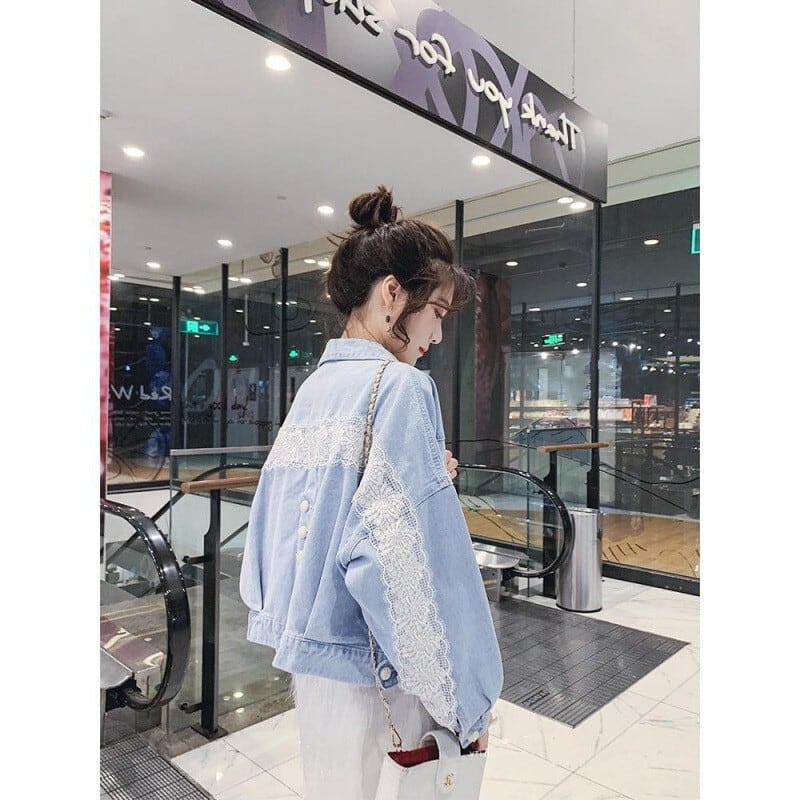 【outer】今季大好評ラペル長袖お洒落レース切り替え韓国風着回しデニムジャケットF0696