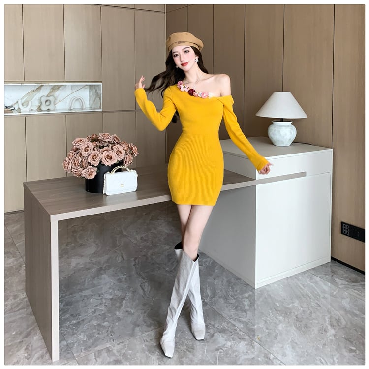 【dress】立体フラワーオフショルダーニットワンピース M27755
