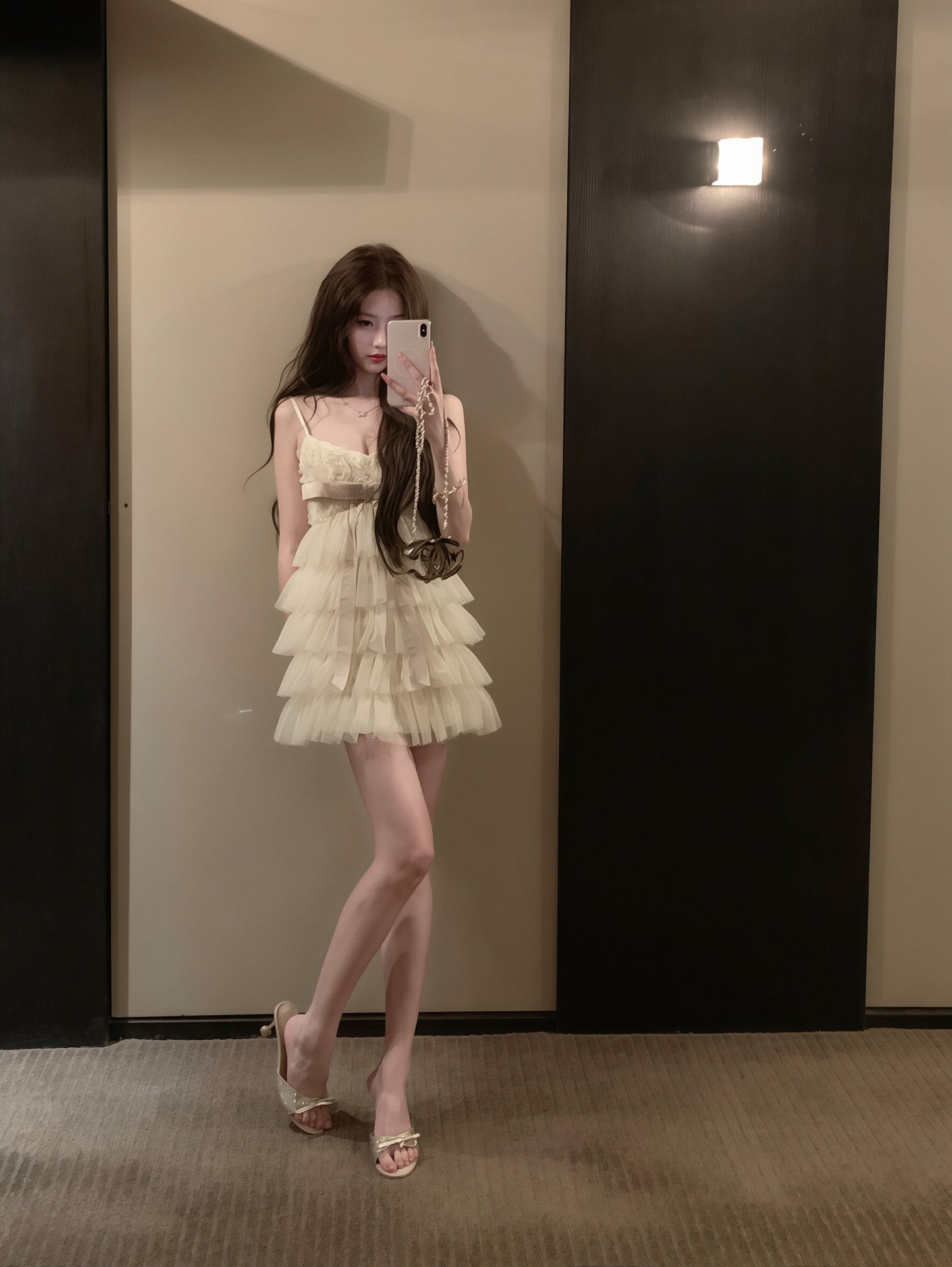 【dress】リボン付きティアードキャミワンピース Q8879