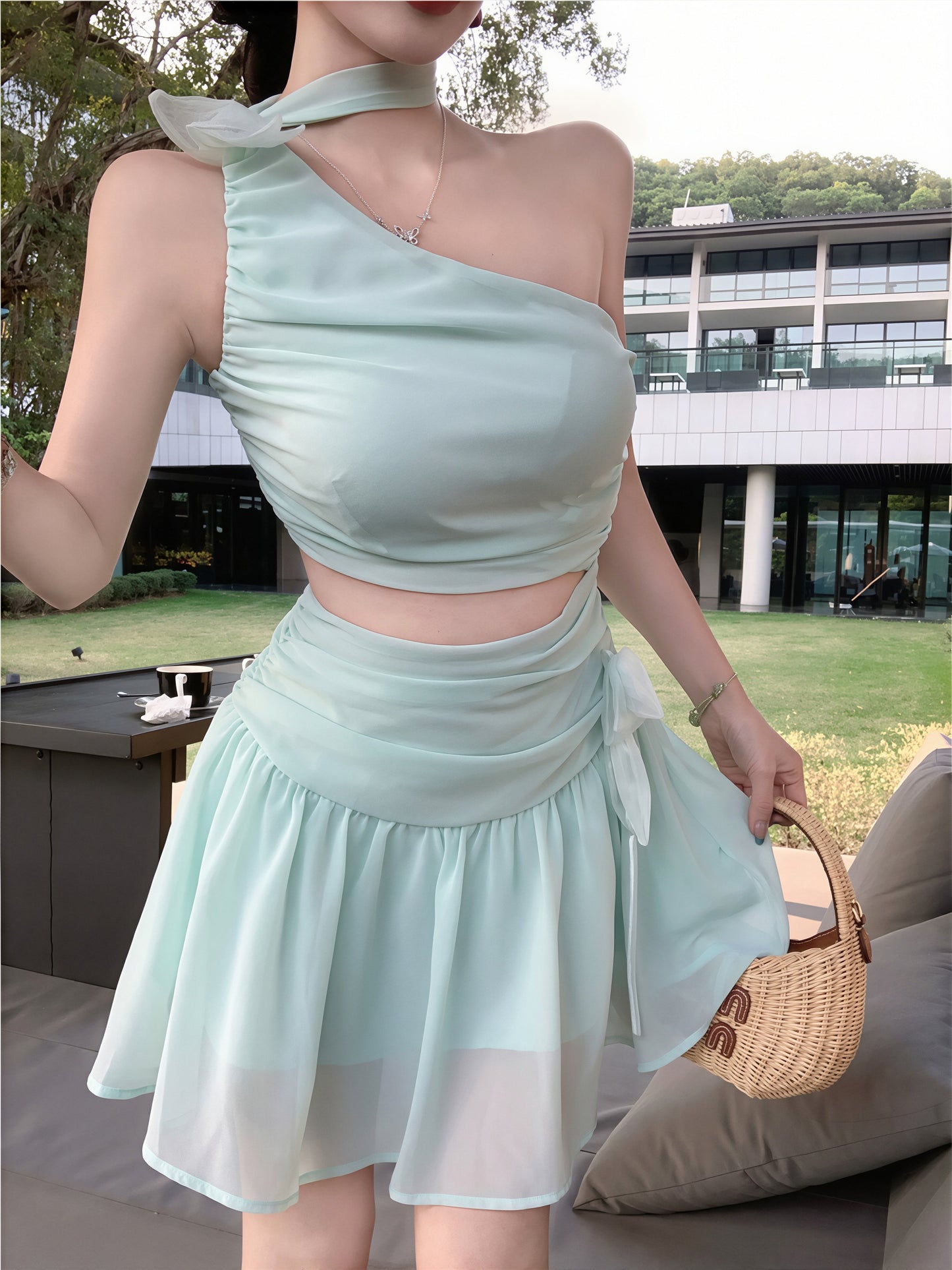【dress】ワンショルダー腰カットシフォンワンピース Q8718