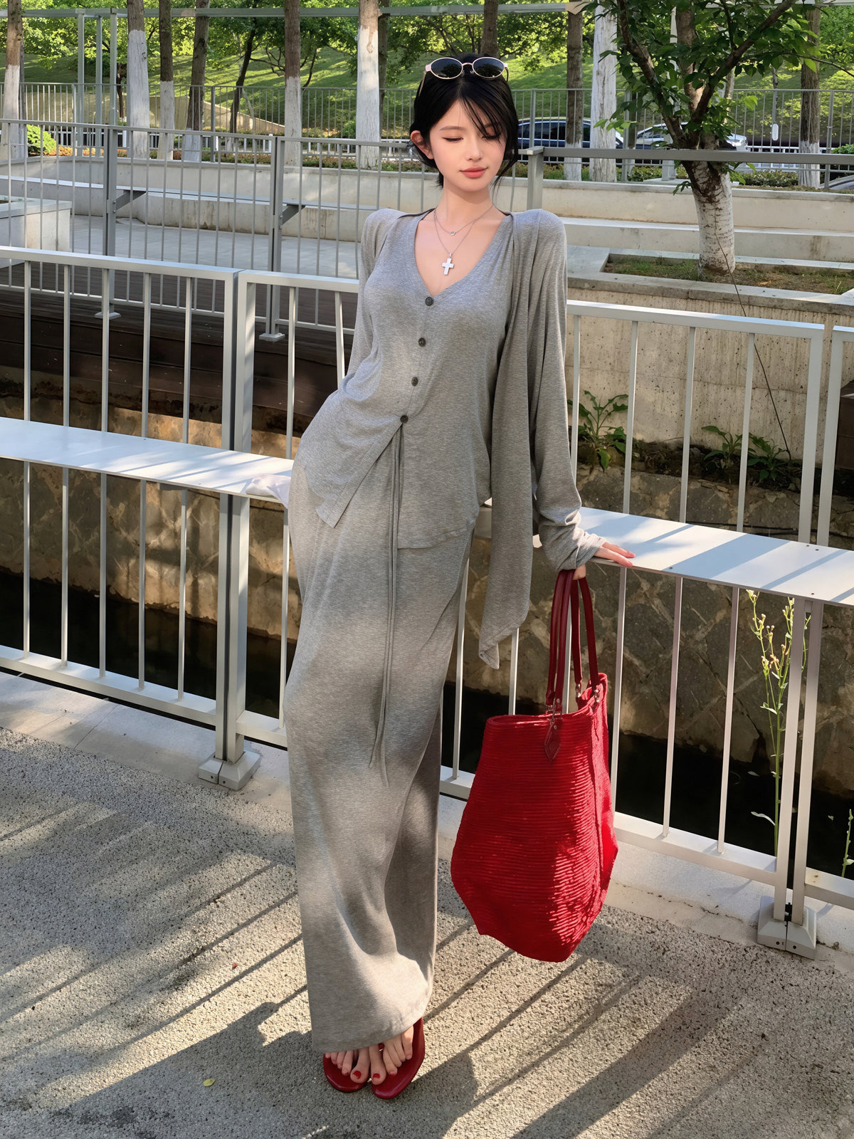 【set】ベスト×カーディガン×ロングスカート3点セット Q8789