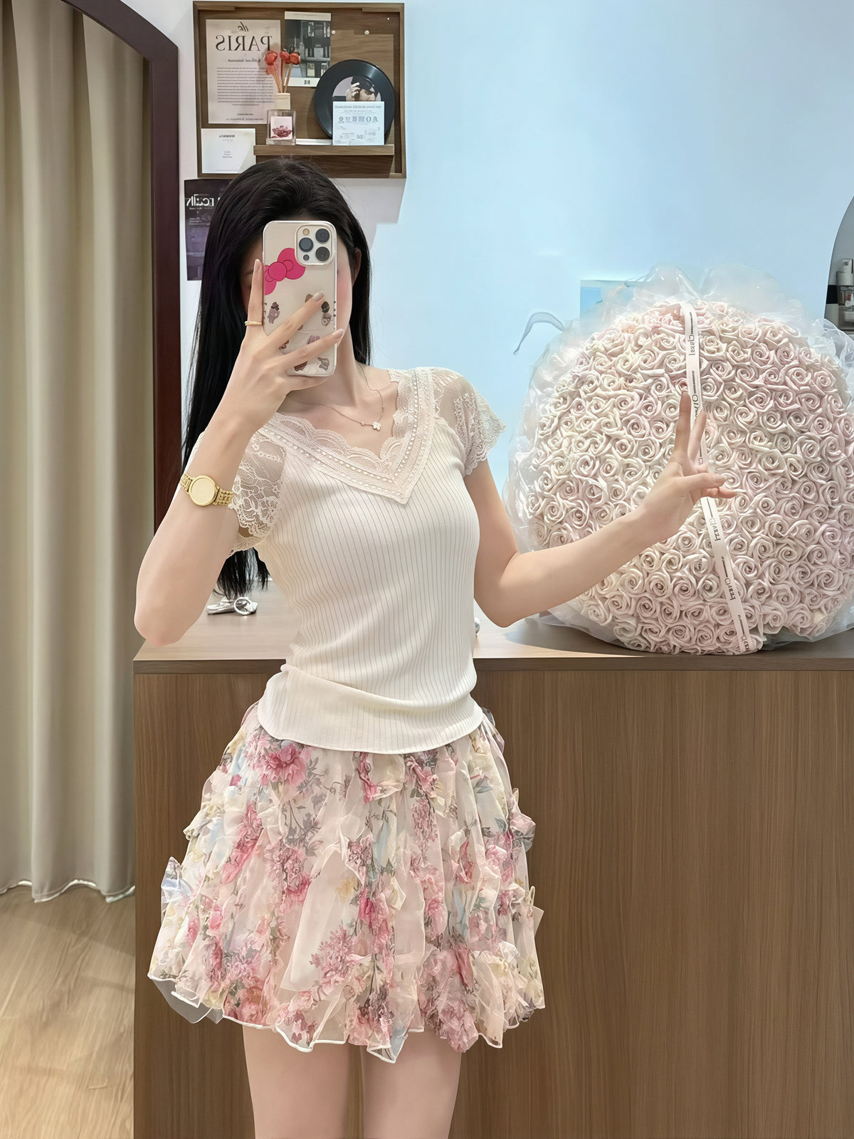 【set】レースドッキングトップス×フラワー柄スカートセット Q8816