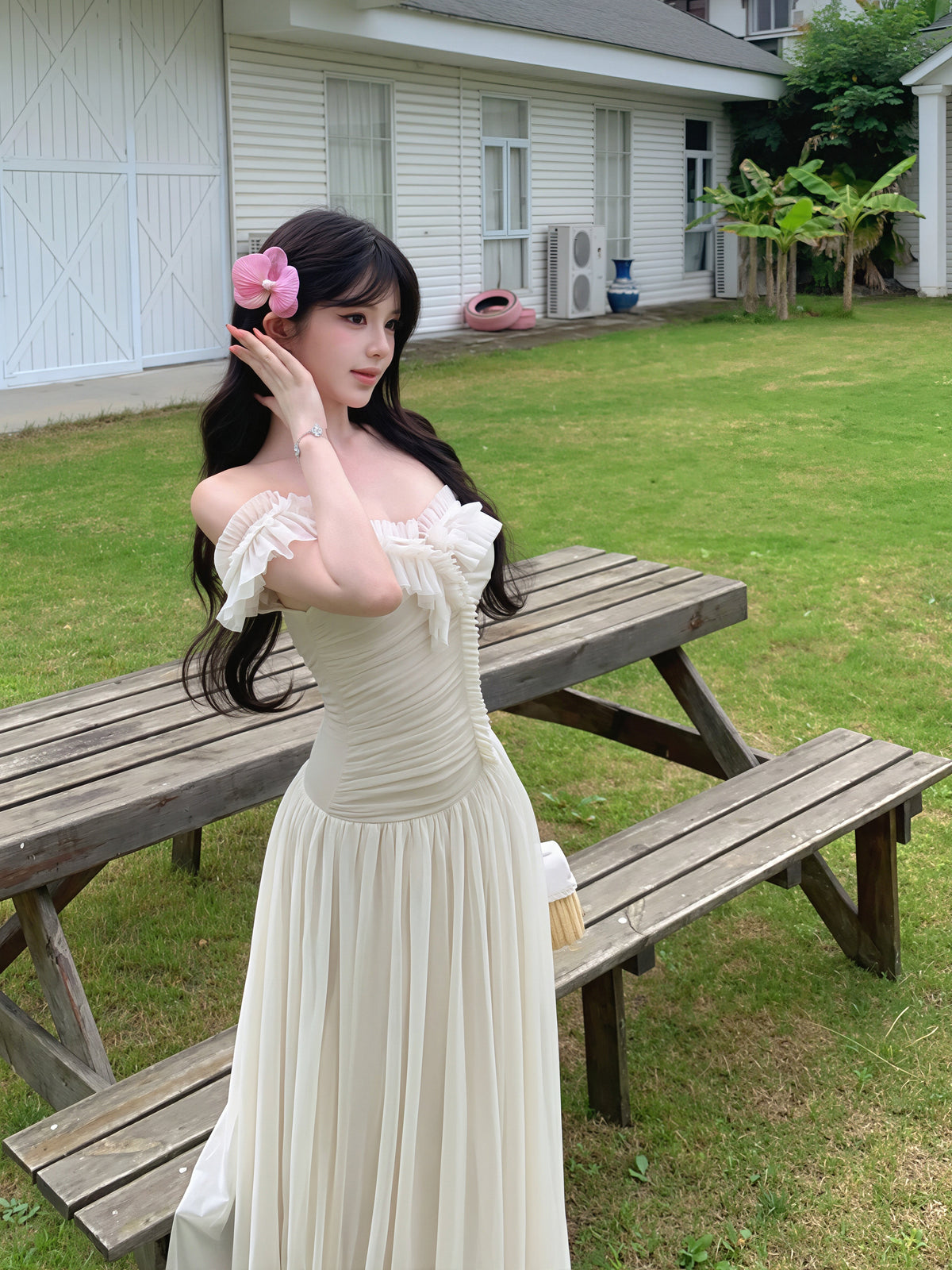 【dress】オフショルダーシアーチュールロングワンピース Q8850