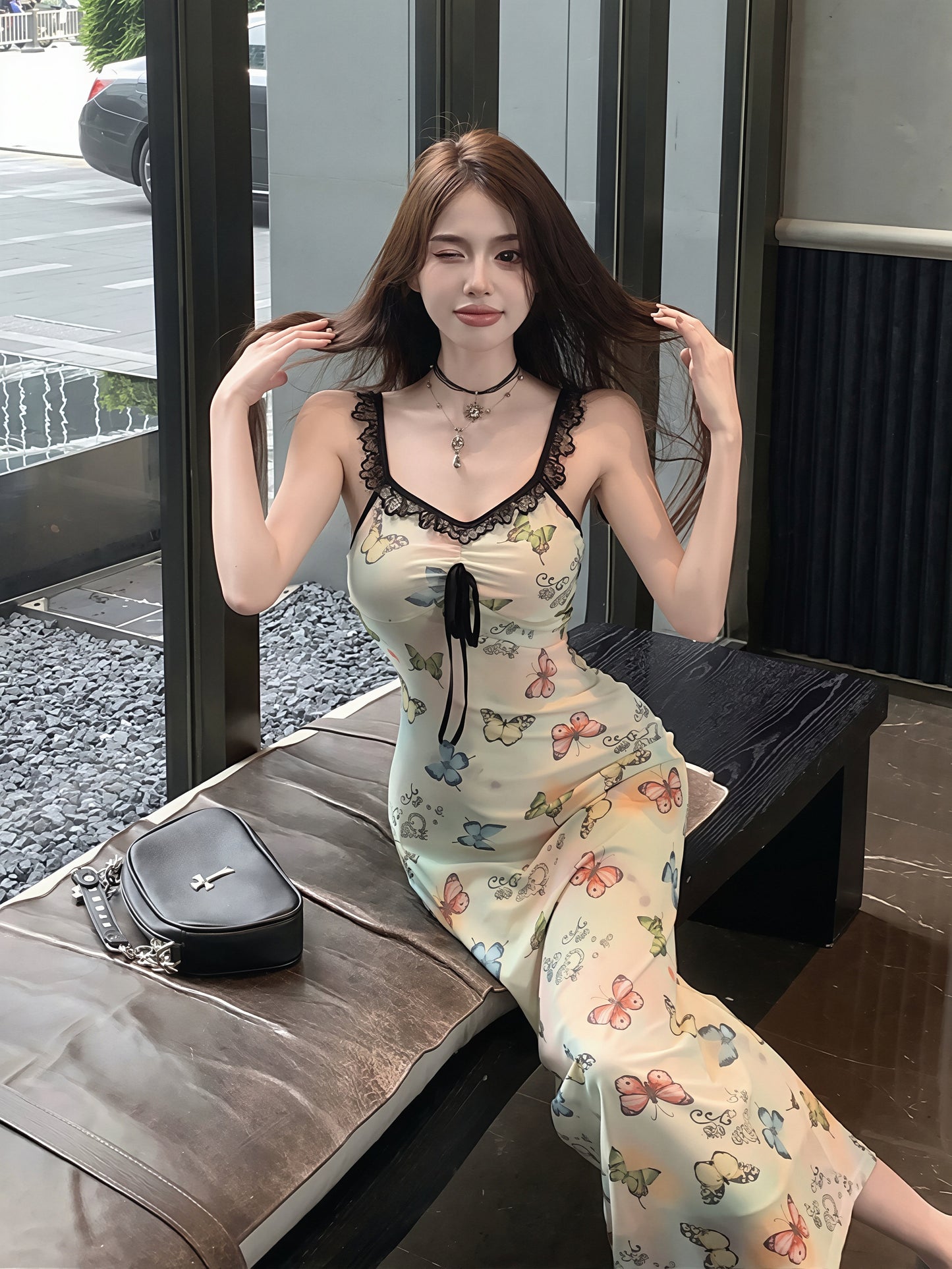 【dress】レースドッキングロングキャミワンピース Q8799