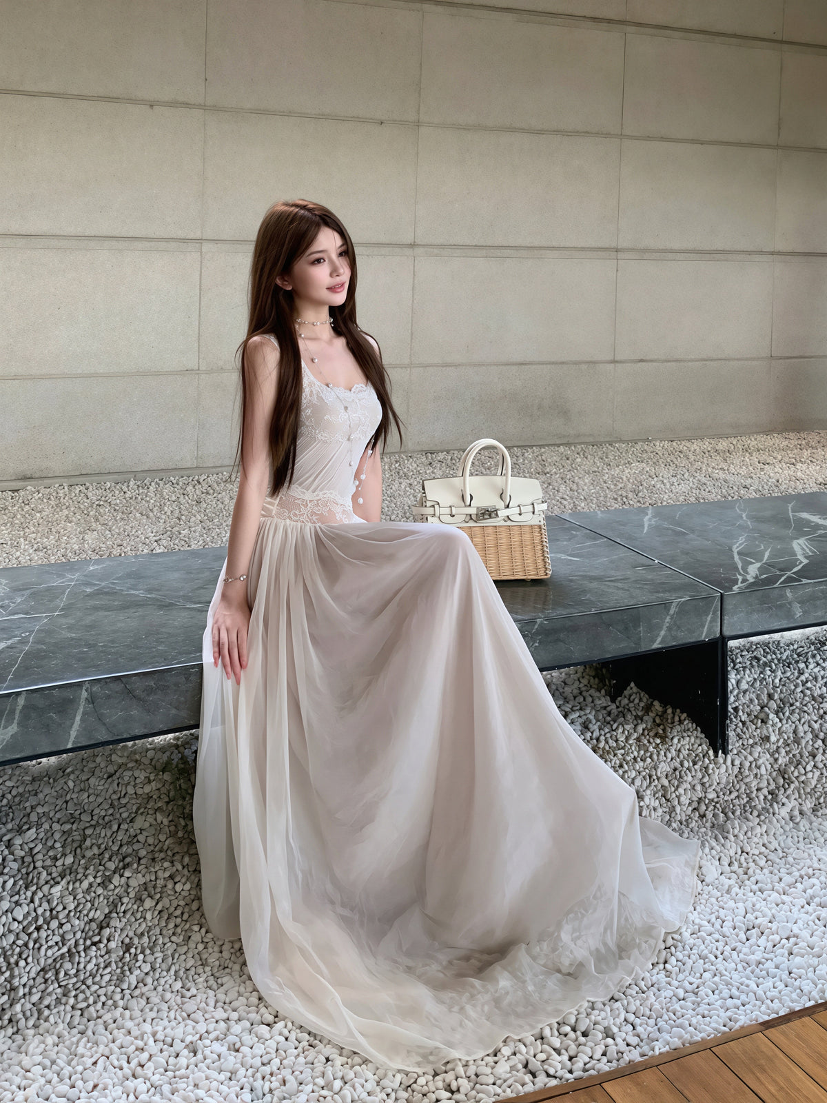【dress】レースドッキングチュールロングワンピース Q8854