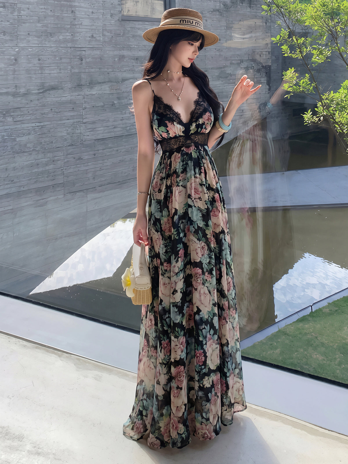 【dress】フラワー柄レースドッキングロングキャミワンピース Q8728