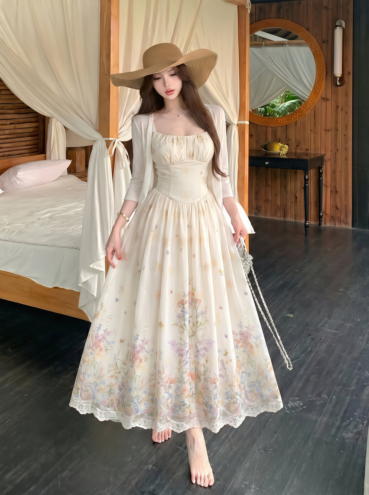 【set】フラワー柄キャミワンピース×カーディガンセット Q8739