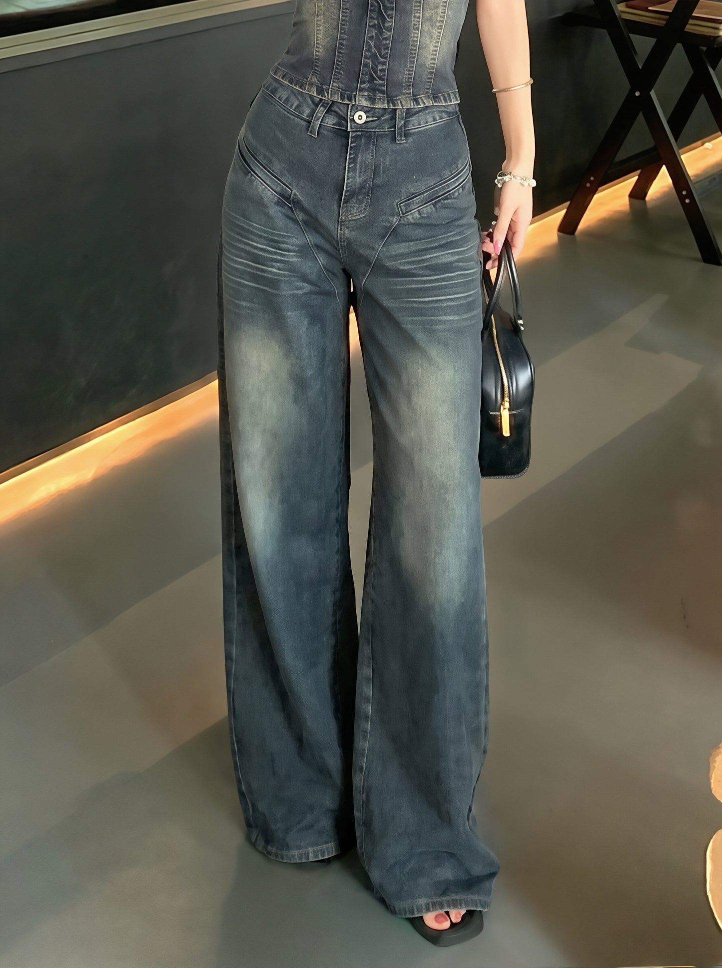 【set】デニムベアトップ×デニムワイドパンツセット Q8644