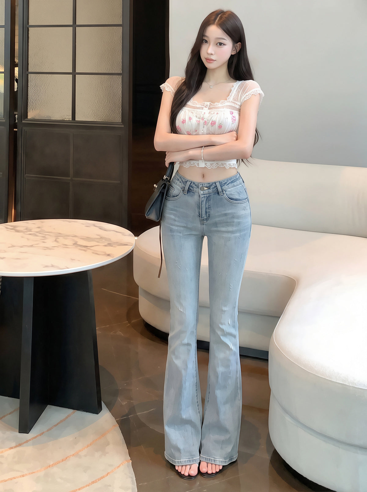 【tops】フラワー柄レースドッキングトップス Q8727