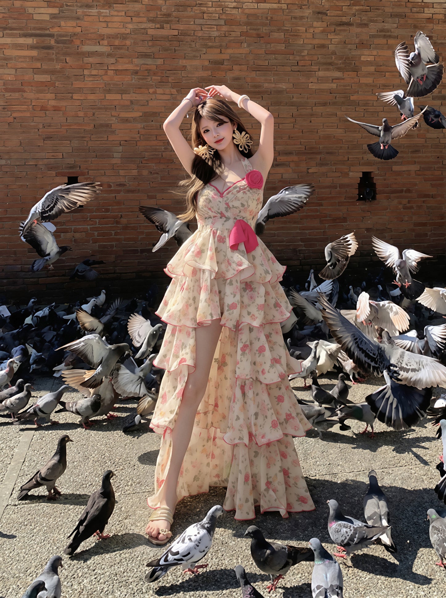 【dress】フラワー柄イレヘムロングキャミワンピース Q8851