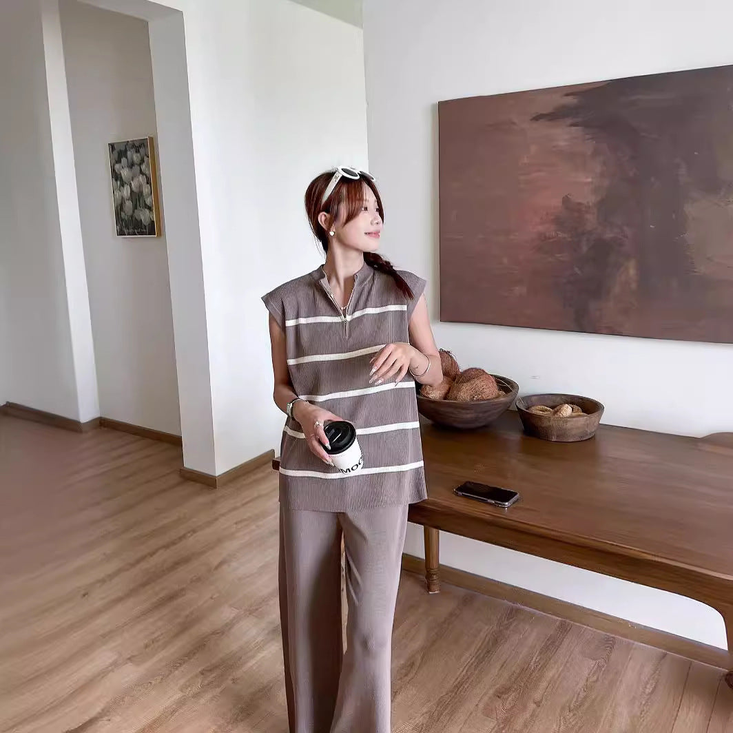 【set】ストライプ柄ニットトップス+ガウチョパンツ2点セットG21917