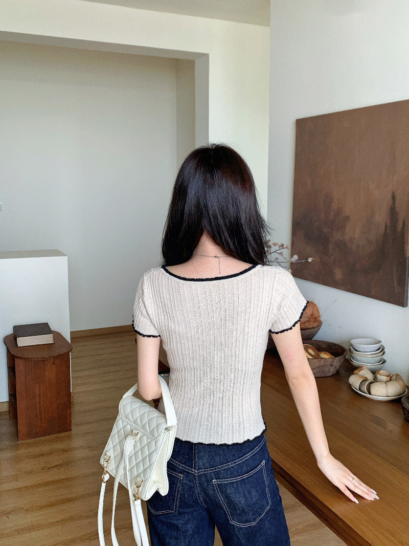 【tops】UネックリボンニットTシャツG21946