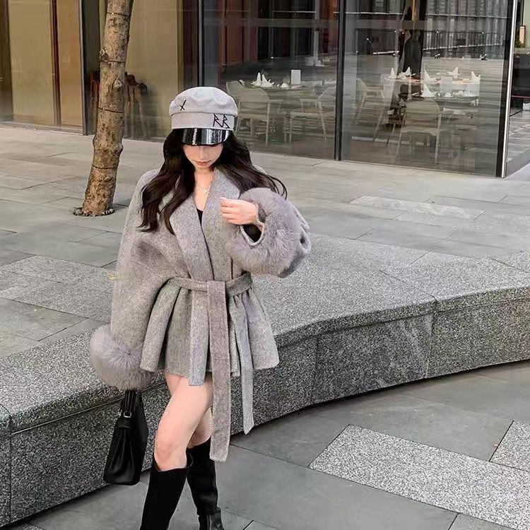 【outer】長袖厚手ウエストリボンコートF8358