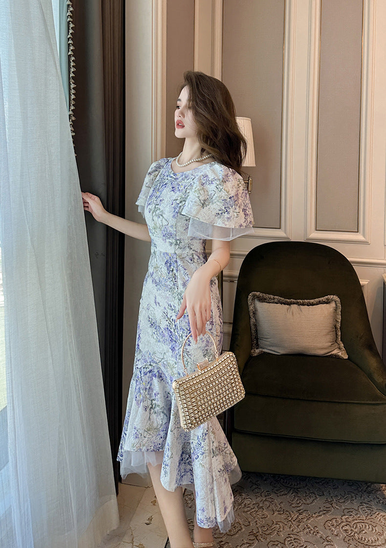 【dress】パフスリーブプリントマーメイドデートワンピースG21682
