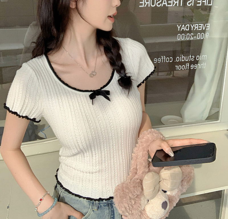 【tops】UネックリボンニットTシャツG21946