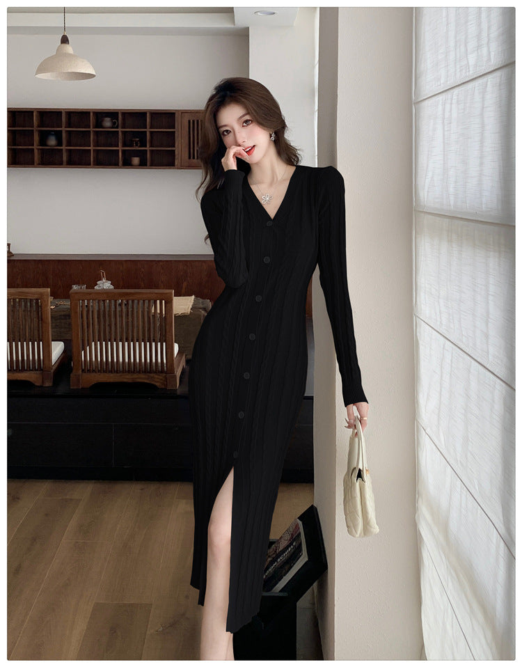 【dress】フランス風VネックニットワンピースG22956