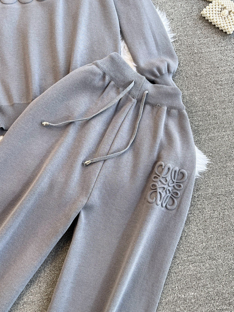 【set】5色フード付きパーカー+ガウチョパンツニット2点セットF7963