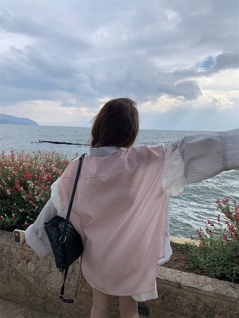 【tops】ストライプ柄レースブラウスF8048