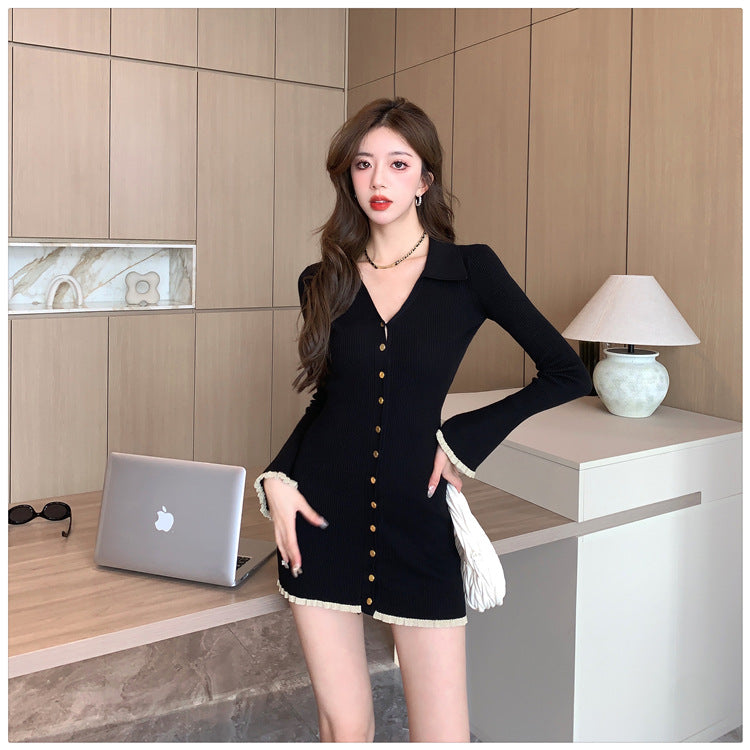 【dress】Vネック長袖ニットワンピースG22918