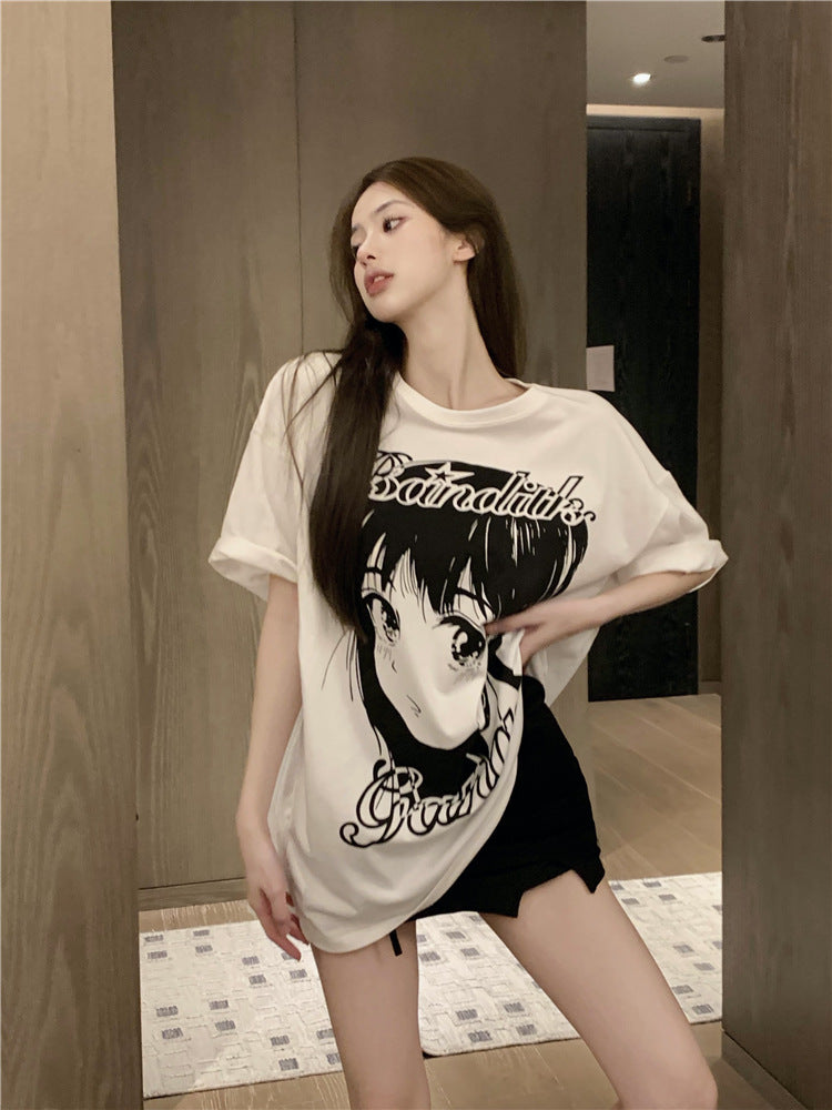 【tops】ラウンドネック半袖ゆったりTシャツF7882