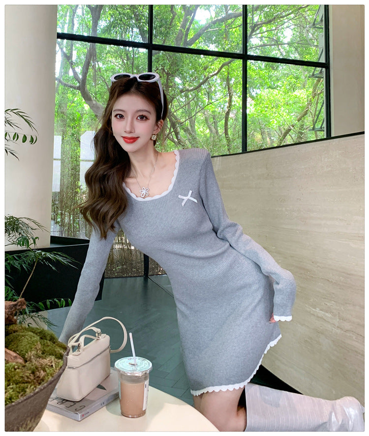 【dress】スクエアネック長袖ニットワンピースG22917