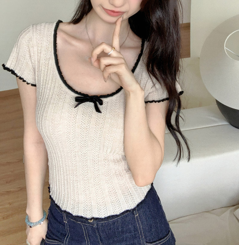 【tops】UネックリボンニットTシャツG21946