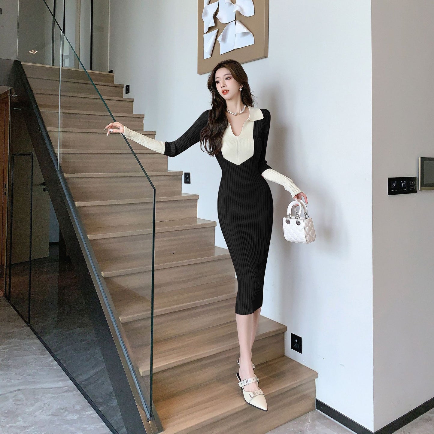 【dress】Vネック長袖ニットワンピースG24261