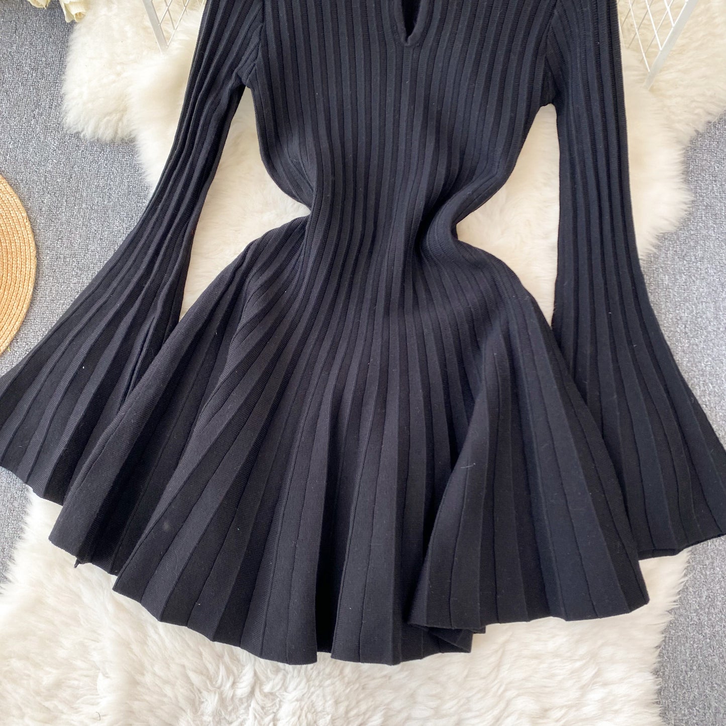 【dress】2色フレアスリーブニットワンピースF7964