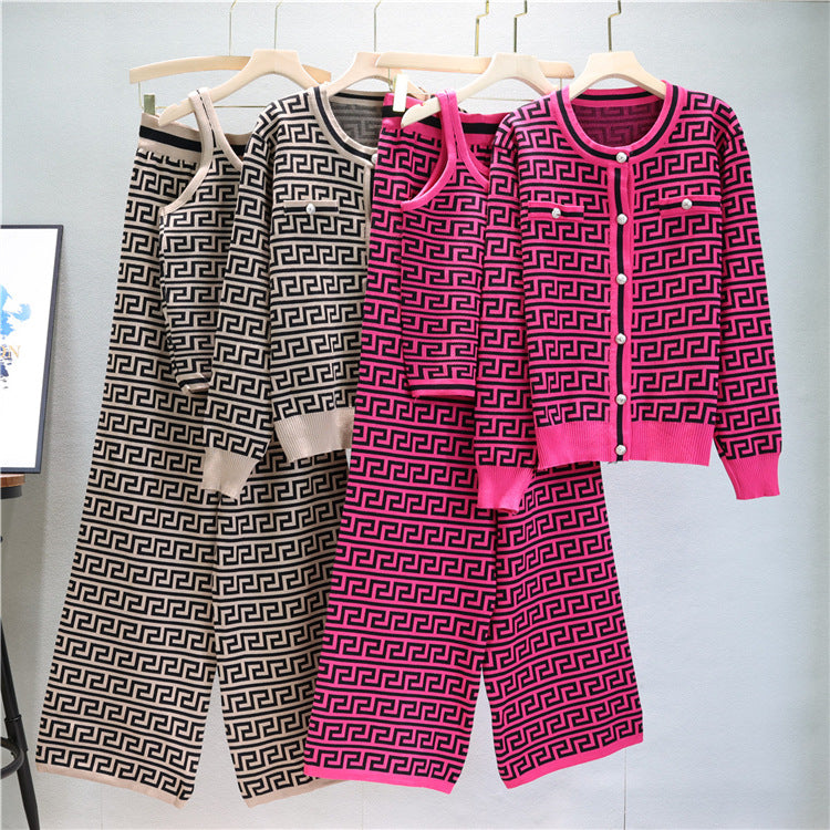 【set】長袖カーディガン+タンクトップ+ガウチョパンツニット3点セットF7954