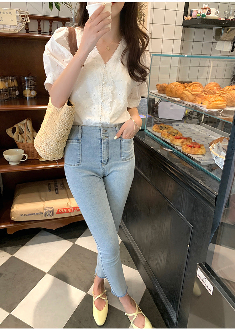 【tops】VネックレースパフスリーブブラウスG21932