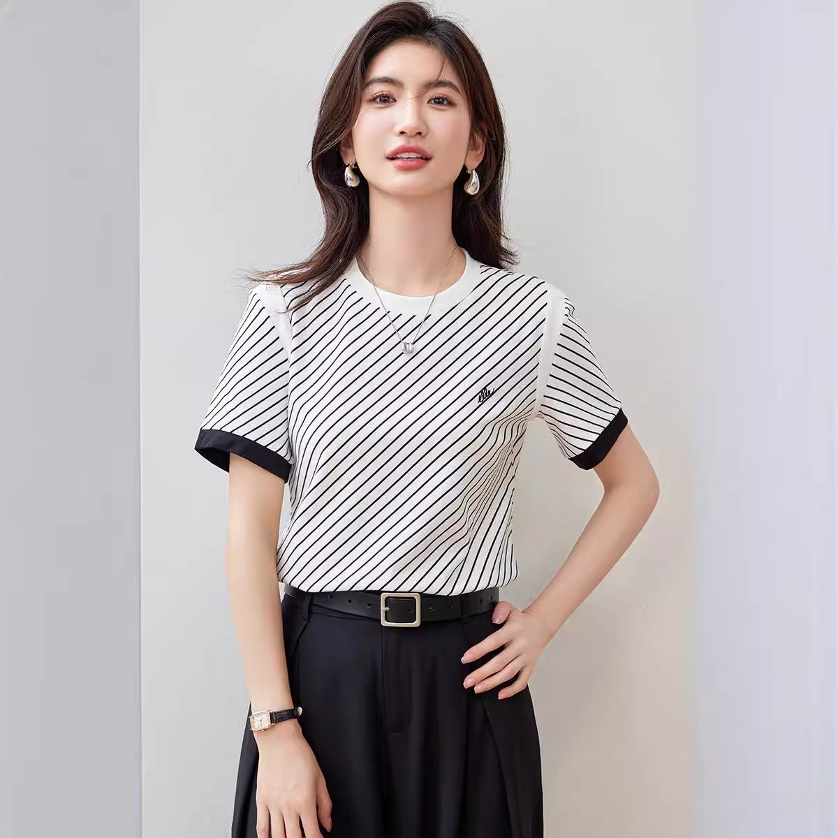 【tops】ストライプ柄ラウンドネックTシャツG21957