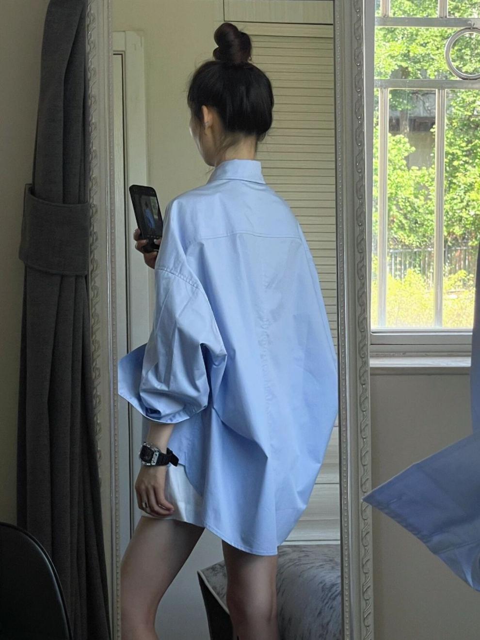 【tops】ポロカラー長袖ゆったりブラウスF7931