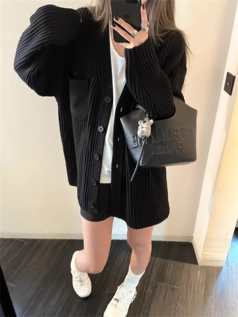 【outer】2色ポケット付きニットカーディガンF8041