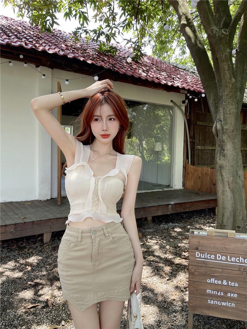 【tops】フリルビーズニットキャミソールG22138